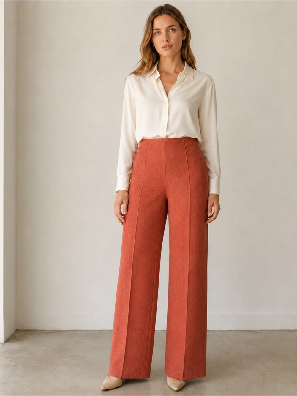 Lior Paris Pants Womens T2 US 6 Rust Coral Wide Leg Flat Front Made France 29x32